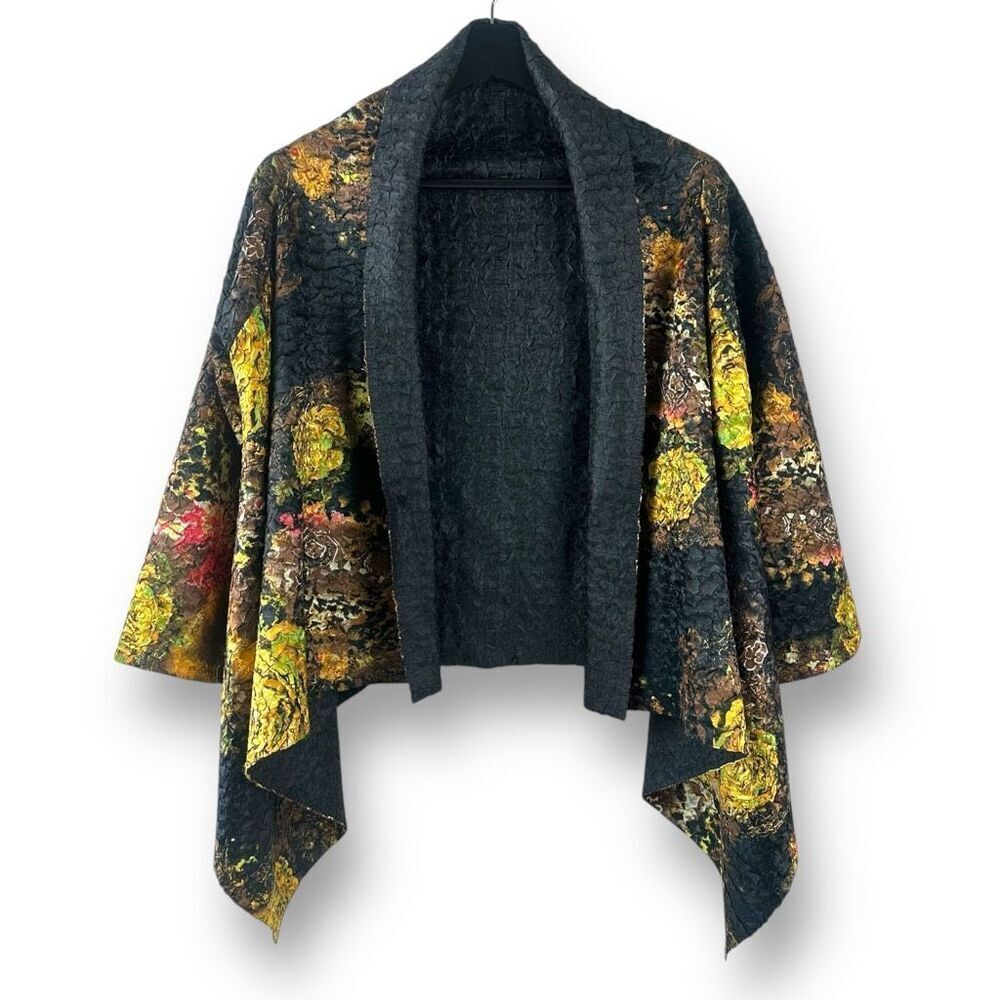 Women's One Size Textured Crepe Waterfall Shawl Cardigan Artsy Abstract Floral‎
